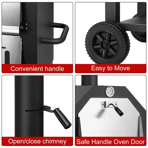 Close-up views of Wood Fired Outdoor Pizza Oven For Backyard Cooking With 12 Inch Pizza Stone Peel Grill Rack And Waterproof Cover features.