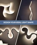32.8ft Warm White Dimmable LED Strip Lights Kit With Flexible Rope Design creating various shapes on a wall