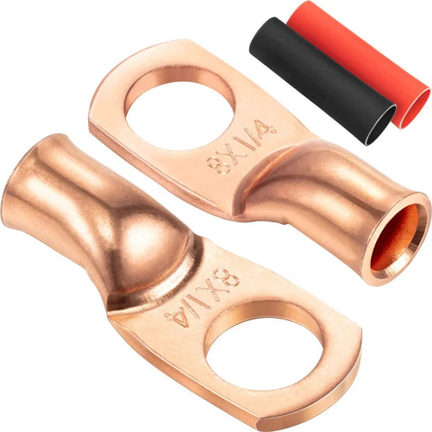 10 Pack 8 Gauge Wire Lugs With Quarter Inch Ring Terminals Built Tough Copper Crimp Lugs Includes Heat Shrink Tubes Black And Red UL Tested 486A Battery Cable End Kit, showing copper lugs and heat shrink tubes