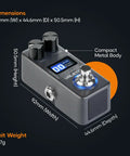 Gig Ready Ultra Lightweight Compact Multi Effects Pedal with dimensions and compact metal body visible