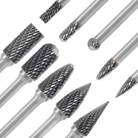 10 Piece Pro Grade Heavy Duty Carbide Burr Set For Die Grinder Bits With Quarter Inch Shank And Half Inch And Quarter Inch Head Diameters
