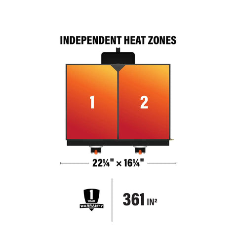 Diagram of 22-Inch Tabletop Griddle With Built-In Hood For Camping And Tailgating, showing dual heat zones and dimensions.