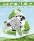 Top Shelf LR44 AG13 A76 Alkaline Button Cell Batteries 1.5V Coin Pack showing eco-friendly design and safety features.