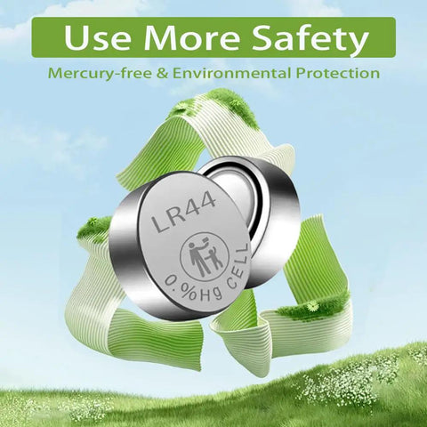 Top Shelf LR44 AG13 A76 Alkaline Button Cell Batteries 1.5V Coin Pack showing eco-friendly design and safety features.