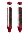 Two Heavy Duty Wall Mounted Coffee Bean Dispenser With Tight Seal Lids And Slick Red Shell, filled with roasted coffee beans.