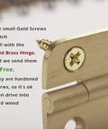 Close-up of small gold screws paired with Built Tough 2 Inch Brushed Solid Brass Butt Hinges, highlighting mounting hardware.