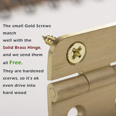 Close-up of small gold screws paired with Built Tough 2 Inch Brushed Solid Brass Butt Hinges, highlighting mounting hardware.