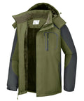Mens Ski Snow Jacket Waterproof Winter Coat Windproof Warm Fleece Lined Hooded Parka Olive Green Size S with open front view