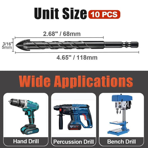 Masonry drill bit set, front view, 10 pieces, tungsten carbide, 3/16 in bits with spear-point tips and hex shanks