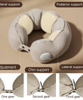 Beige Travel Inflatable Neck Pillow With Five Dimensional Support For Long Flights showing adjustment and support features