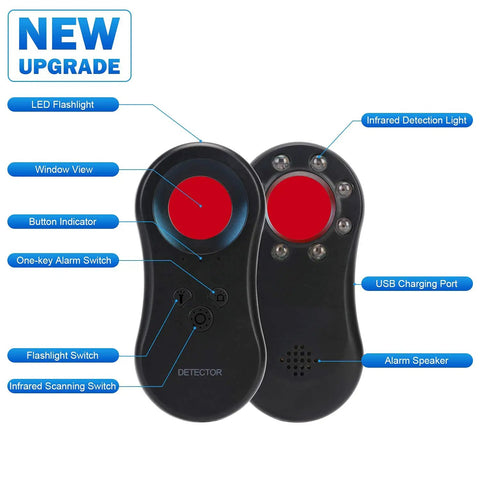 Anti Spy Camera Detector With Infrared Viewfinder, Pocket Sized Hidden Camera Finder For Airbnb Hotels And Bathrooms, Motion Detection, LED Indicator, Chargeable Anti Theft Alarm, Quick Lens Sweep showing LED flashlight and USB port