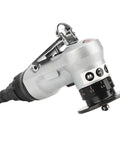 Side view of silver handheld router with black depth adjustment ring and attached base plate.