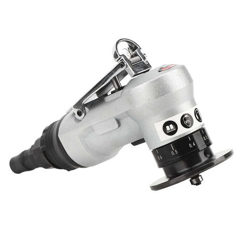 Side view of silver handheld router with black depth adjustment ring and attached base plate.