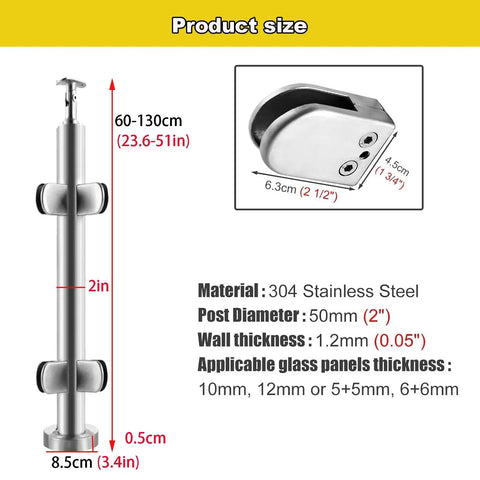 Heavy Duty Adjustable Stainless Steel Glass Railing Posts, 60-130cm height, perfect for patios and decks.