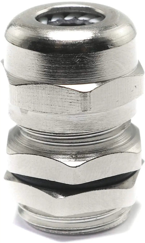 Close-up of a single PG9 waterproof metal cable gland with locknut, designed for 4 to 8mm wires, showcasing its nickel-plated finish.