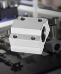SCS10UU 10mm linear ball bearing for CNC and 3D printers showcasing aluminum slide block with steel balls for smooth linear motion on rails.