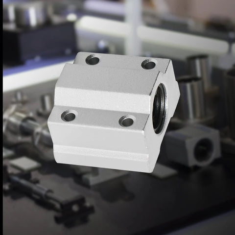 SCS10UU 10mm linear ball bearing for CNC and 3D printers showcasing aluminum slide block with steel balls for smooth linear motion on rails.