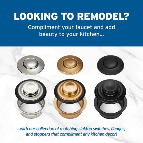 Various sink top switch buttons, including Polished Nickel Air Switch Button For Garbage Disposal Fits One And A Quarter To One And A Half Inch Sink Hole Dual Outlet Cap Replacement For Modern Dope Kitchen Upgrades And Sleek Sink Top Finish, displayed in different colors on a marble background.