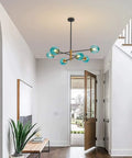 Entryway view of Six Light Blue Glass Ball Sputnik Chandelier Modern Mid Century Black And Gold Flush Mount Vintage Large Globe Pendant Light