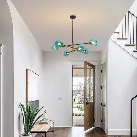 Entryway view of Six Light Blue Glass Ball Sputnik Chandelier Modern Mid Century Black And Gold Flush Mount Vintage Large Globe Pendant Light