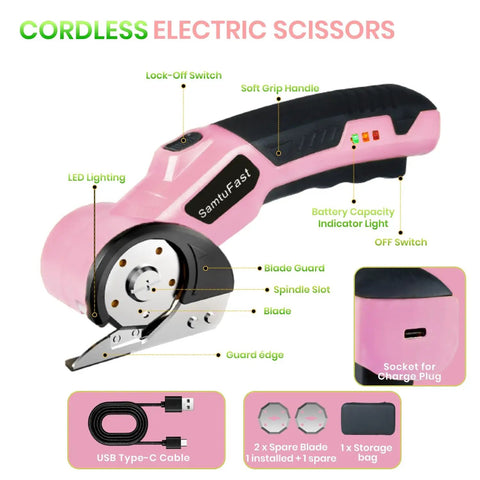 SamtuFast Cordless Electric Scissors with ergonomic handle, LED light, and USB charging port for easy cardboard cutting tasks.