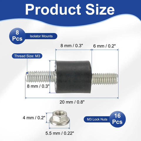 8x8mm M3 Rubber Isolator Mounts 8 Pack With Lock Nuts Anti Vibration Dampers For Motors Air Compressors And Engines 20mm Height Heavy Duty Shock Absorbers To Cut Noise And Vibration, size diagram