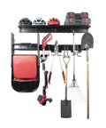 Heavy Duty Steel Garage Tool Wall Rack With Shelves And 6 Hooks, Wall Mount Organizer holding helmets, shovel, rake, and tools