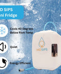 All In One Hydration Lamp With Built In 4L Mini Fridge And 3L Water Reservoir For Bedside Desk LED Lamp With Cold Water Dispenser Dope Setup For Home Office Nightstand showing a HID SIPS mini fridge against an ice background.