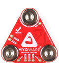 Straight Up Badass Muscle Sensor Module Featuring High Performance Emg Technology With Keyed Snap Plugs For Seamless Arduino Integrations And Totally Dope Biomechanics Prototypes, red muscle sensor board with snap connectors.
