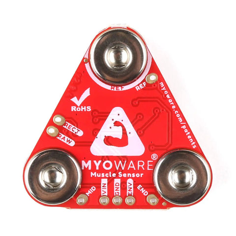 Straight Up Badass Muscle Sensor Module Featuring High Performance Emg Technology With Keyed Snap Plugs For Seamless Arduino Integrations And Totally Dope Biomechanics Prototypes, red muscle sensor board with snap connectors.