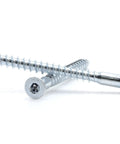 Close-up of M5 x 50mm Confirmat Screws For Furniture Assembly, zinc-plated with flat heads for 3.5mm pre-drilled holes