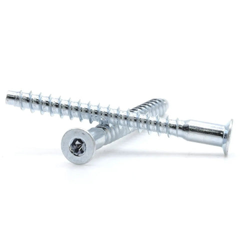 Close-up of M5 x 50mm Confirmat Screws For Furniture Assembly, zinc-plated with flat heads for 3.5mm pre-drilled holes