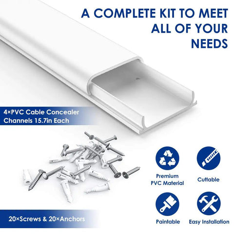 62.8 Inch Cable Hider Kit For Wall Mount TV Cables, 4 Pack Cord Covers For 6 To 8 Wires with PVC channels, screws, and anchors