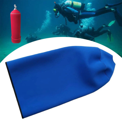 Neoprene Dive Bottle Sleeve Protects 12L Scuba Tanks From Scrapes And Dings, blue sleeve with divers in background