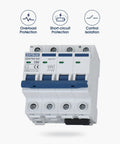 Front view of DC Miniature Circuit Breaker 4 Pole 1000V 20A Isolator For Solar PV System With Thermal Magnetic Trip DIN Rail Mount.