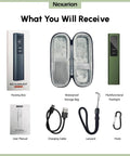Contents of 1300 Lumen Rechargeable EDC Flashlight With UV Light Green Beam Side Flood Light And Digital Display Magnetic Pocket Light For Camping Emergency And Daily Carry LT010 package, including flashlight, box, storage bag, manual, charging cable, lanyard, and hook.