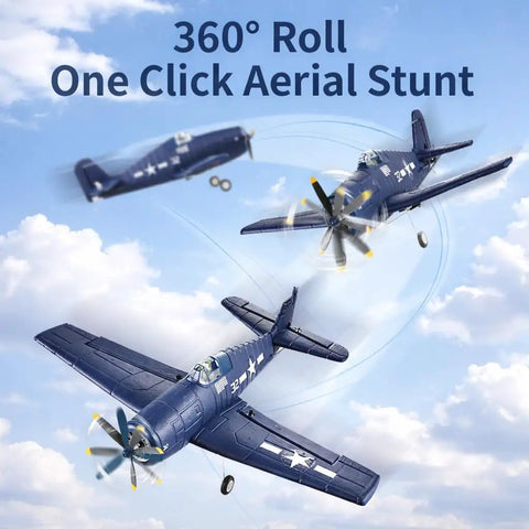 Realistic F6F Hellcat Inspired RC Plane performing 360° aerial stunt with propellers in motion against a blue sky backdrop