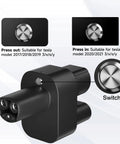 Seamless CCS Combo Two To Nacs Charging Adapter Perfect For Tesla Model Three And Cybertruck, showing button configurations for different Tesla models.