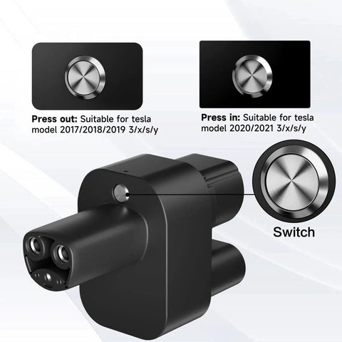 Seamless CCS Combo Two To Nacs Charging Adapter Perfect For Tesla Model Three And Cybertruck, showing button configurations for different Tesla models.