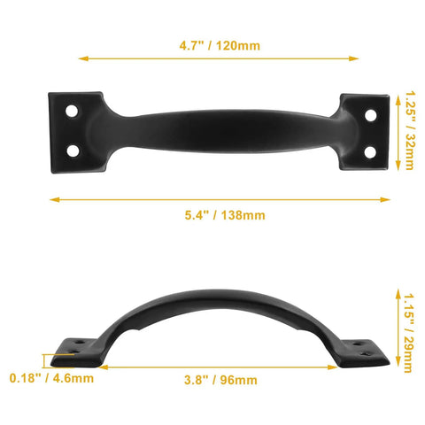 Black Barn Door Handles 20 Pack 5.4 Inch Vintage Gate Cabinet Pulls For Kitchen Cupboard Furniture Drawer Hardware Durable Metal Construction With 80 Screws Included Super Easy Install dimensions diagram