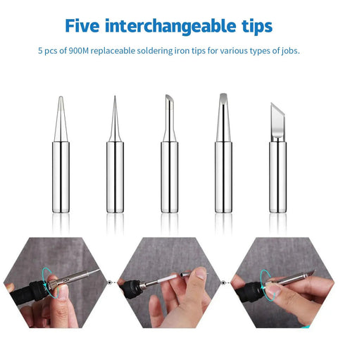 Five interchangeable tips for 60W Adjustable Temperature Soldering Iron Kit With Quick Heat Ceramic Technology, shown separately.