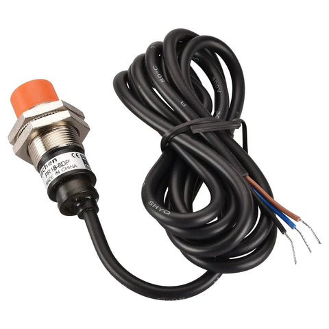 Close-up of PR18-8DP M18 Inductive Proximity Sensor Switch, 8mm sensing, cylindrical industrial sensor, 3-wire PNP, for automation machinery.