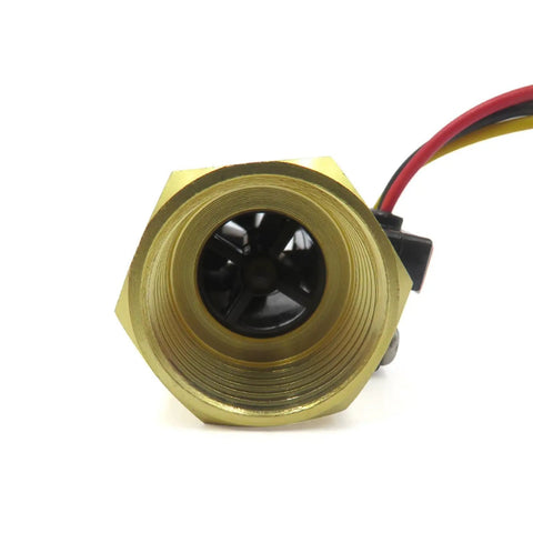 Beefy Brass Water Flow Sensor With Hall Effect, One Half Inch BSPT Female To Male Thread, Flow Range 1-25 L/min, Front View