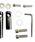 Carbon Fiber Look Steering Damper Kit parts for dual motor electric scooters, including bolts, washers, and installation tools.