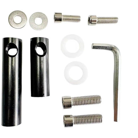 Carbon Fiber Look Steering Damper Kit parts for dual motor electric scooters, including bolts, washers, and installation tools.