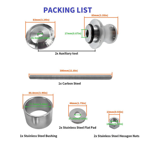 Packing list for Wheel Bearing Removal And Reinstall Tool For Polaris Ranger RZR Ranger General Sportsman, steel parts sizes.