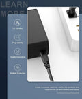 Close-up of 6 Ft Universal 2 Prong AC Power Cord plugged into a device, showing cable connection and power strip nearby