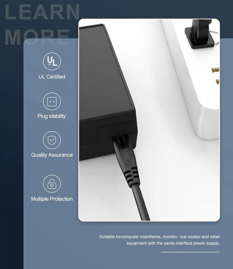 Close-up of 6 Ft Universal 2 Prong AC Power Cord plugged into a device, showing cable connection and power strip nearby
