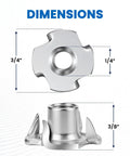Ruggedly Crafted 1 4 20 Tee Nuts Made From Hella Durable 304 Stainless Steel 4 Prong Threaded Inserts dimensions 3/4 inch width 1/4 inch height 3/8 inch depth.