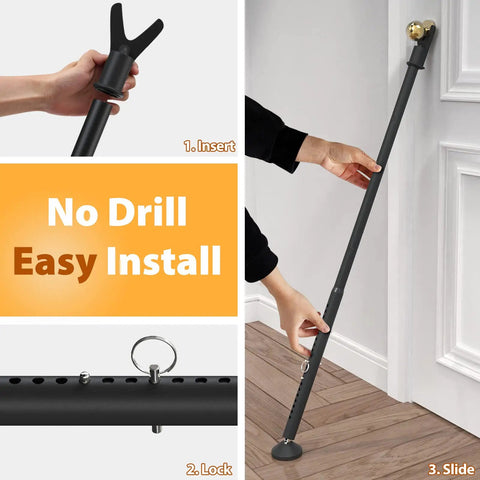 Demonstration of 2 Pack 2-In-1 Door Security Bar For Hinged And Sliding Glass Doors, showing quick-install lock bar and switch caps.